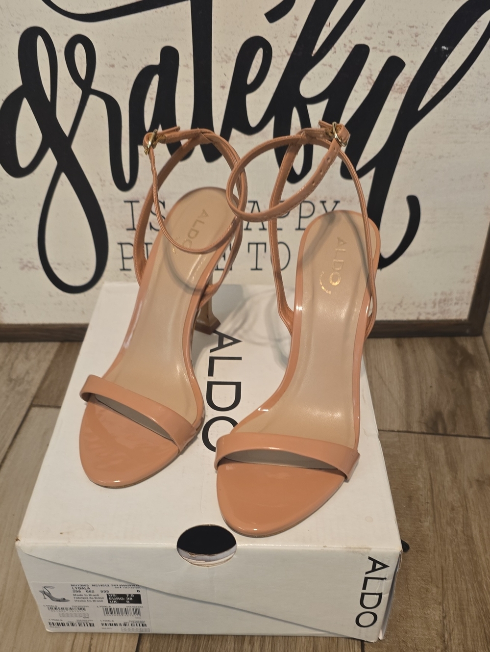 ALDO Women’s Tan Patent Ankle-Strap Heels
